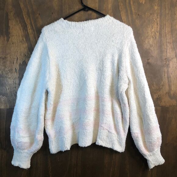 LC Lauren Conrad Womens Sweater White Pink Stripe Super Soft Puff Sleeve Large - Picture 12 of 14
